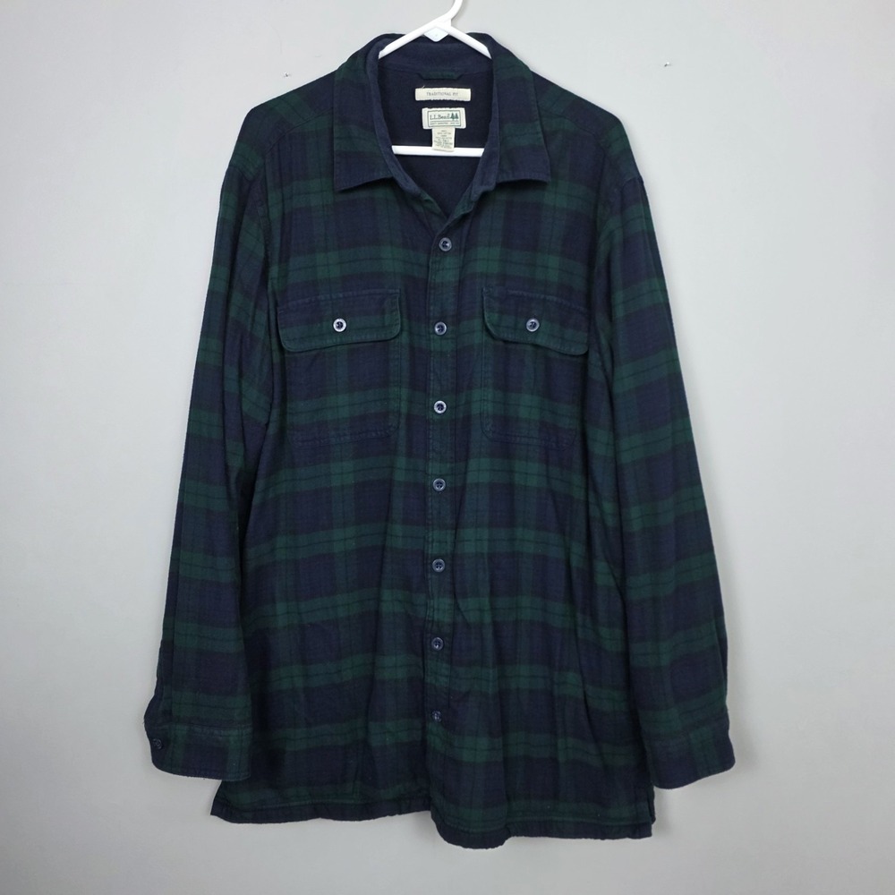 LL Bean Shacket Mens XL Tall Flannel Plaid Fleece Lined Heavy Green Blue 298190